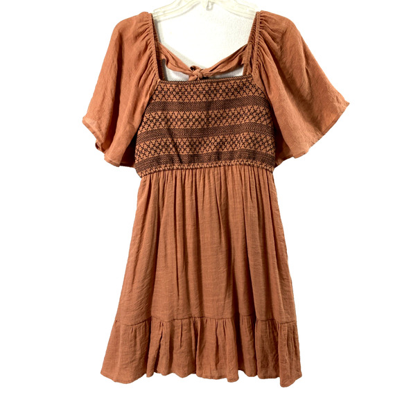 Blu Pepper Boho Dress Womens Medium Brown Smock Bodice Flowy Ruffle - Picture 1 of 12